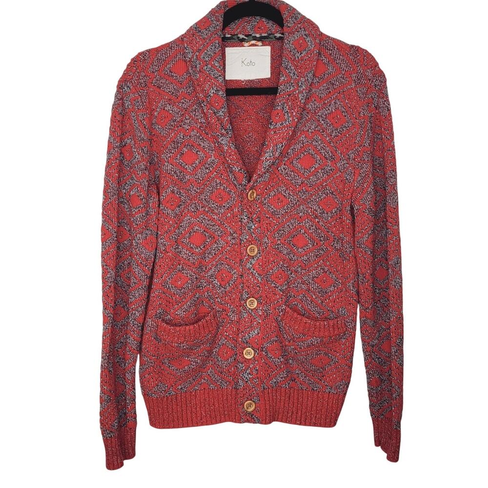 Koto Shawl Collar Diamond Red & Gray Grandpa Core Cardigan Sweater Size M